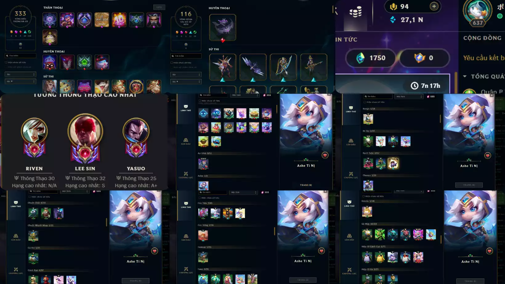 Ảnh ACC 5VS5 FULL CHAMP  SKIN : 472 , 5 CAM 3 TÍM 39 ĐỎ 176 SỬ THI,FULL TƯỚNG , ĐA SẮC : 116,CỜ HIỆU NOXUS, LV : 637, DƯ 27K THL RANK : DD LB 4 LH 2 DTCL LB 2 ,365K TT LEESIN DTCL : ASHE  TÍ NỊ VÀ NHIỀU PET 3 SAO ,SÂN ĐỎ ,CHƯỞNG LỰC NHIỀU CÒN ĐỔI TÊN